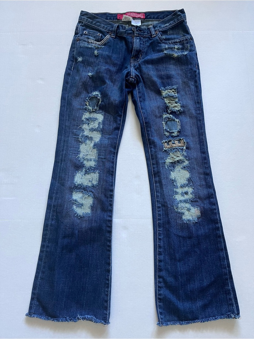 Guess Women's Dark Blue Distressed Flare Jeans